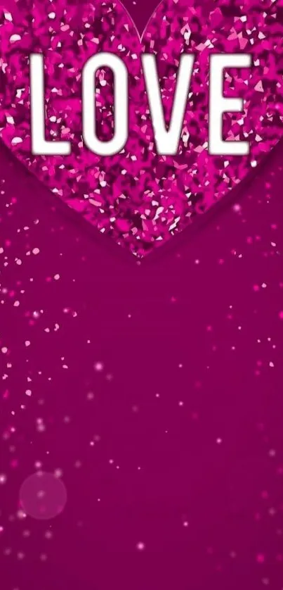 Pink glitter heart with the word love on mobile wallpaper.