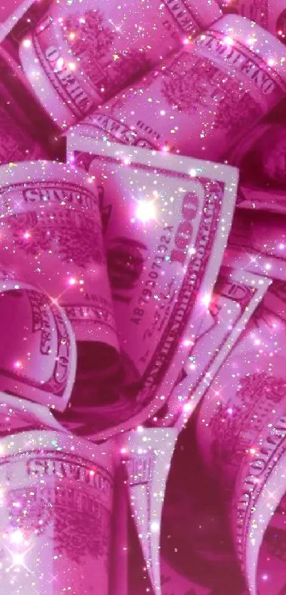 Glittery pink dollar bills wallpaper design.