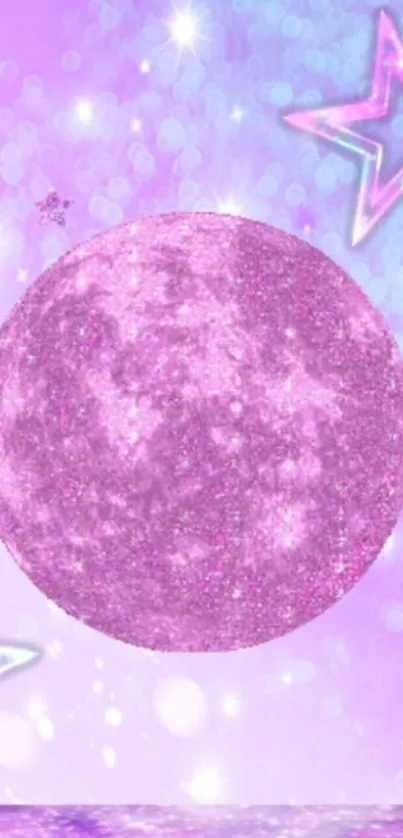 Glittery pink moon with stars on a purple background.