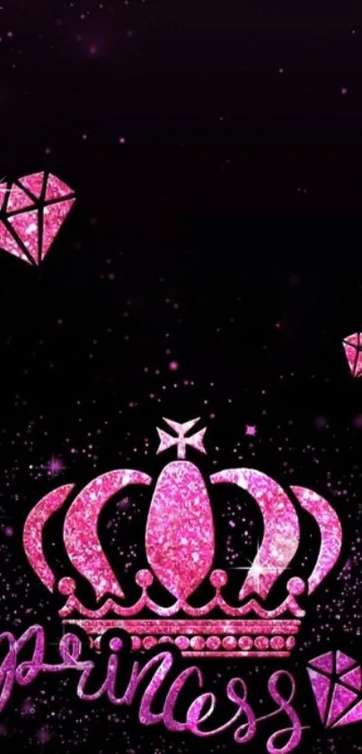 Glittery pink crown and diamonds on a dark purple background.