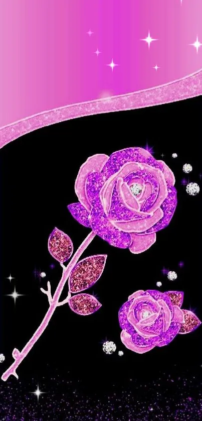 Glittery pink roses on black background wallpaper.