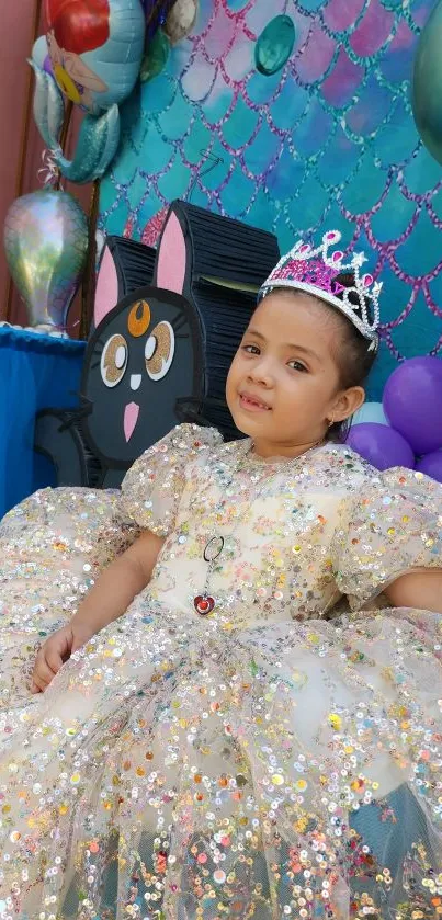 Child in a glittery dress at a colorful birthday party.