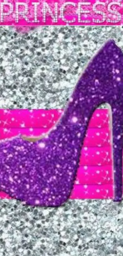 Glittery purple high heel with princess theme.