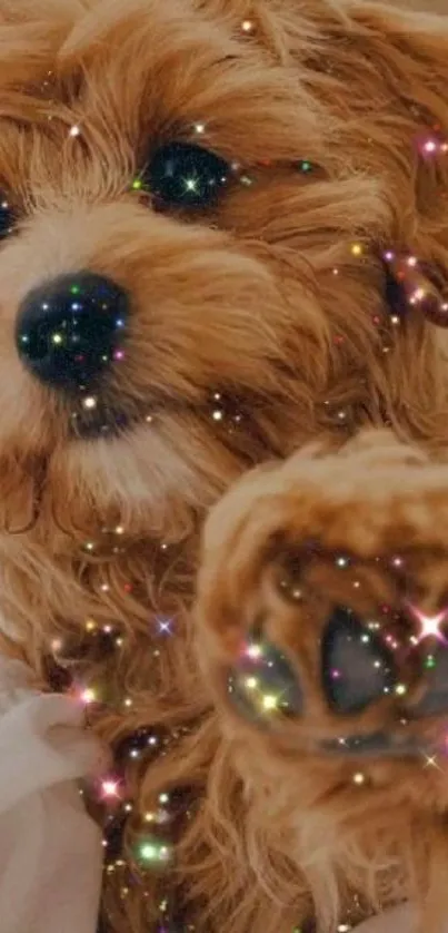 Cute fluffy puppy with glitter sparkles on a cozy blanket.