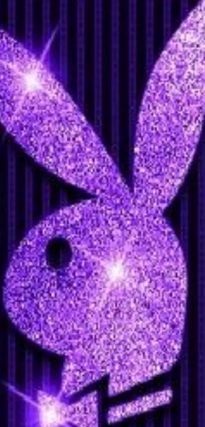 Glittery purple bunny design on a dark striped background.