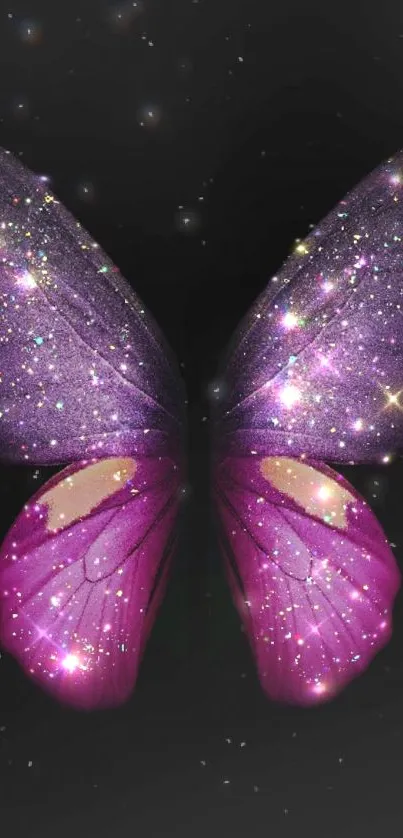 Glittery purple butterfly on dark background wallpaper.