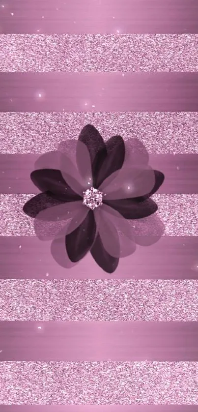 Purple wallpaper with glittery flower on striped background.