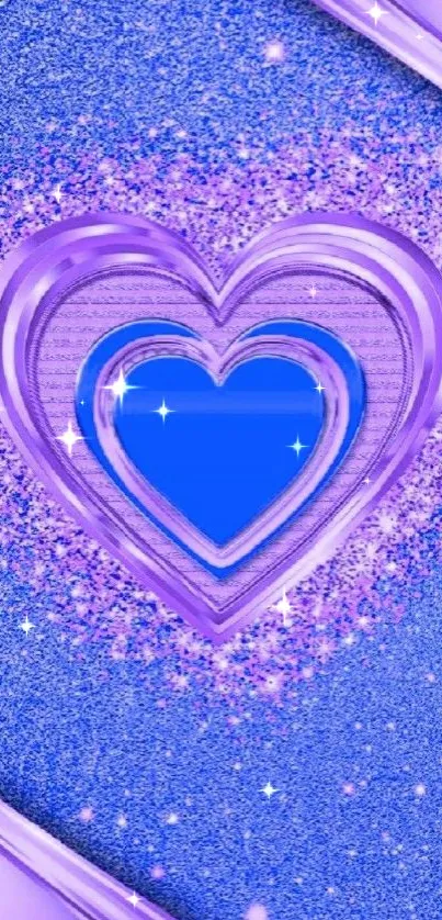 Glittery purple heart wallpaper with blue accents and elegant design.