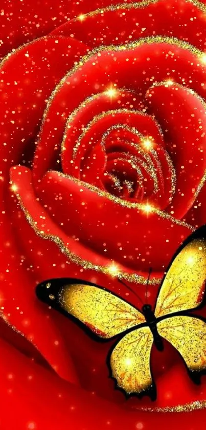 Red rose with a glittery yellow butterfly.