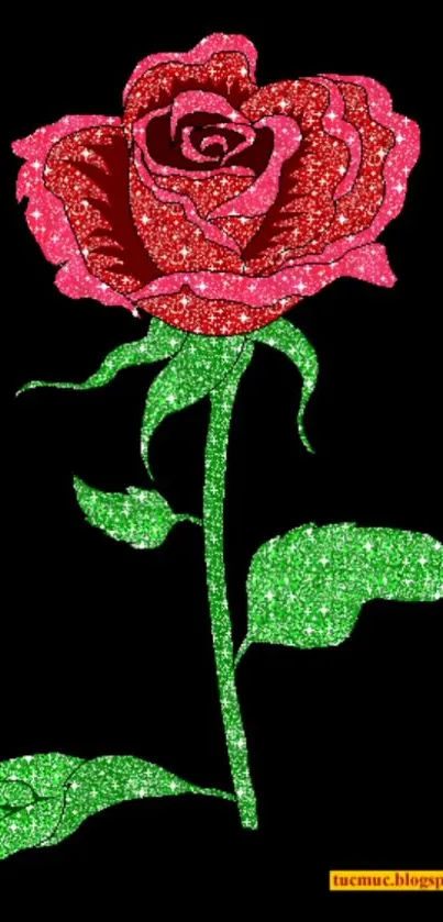 Glittering red rose with a green stem on a black background.