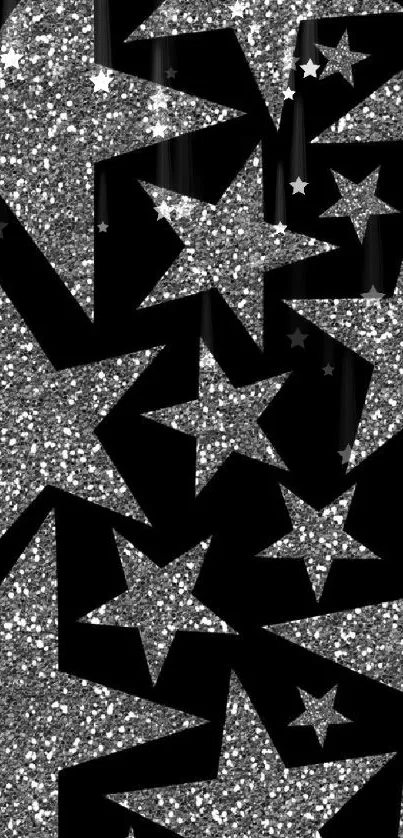 Glittery silver star pattern on a black background wallpaper.