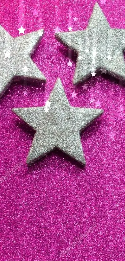 Silver stars on a glittery pink background, perfect for mobile wallpaper.