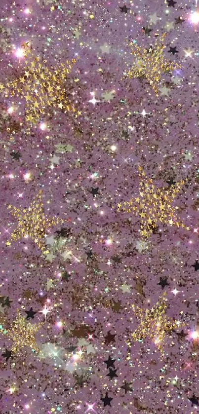 Mobile wallpaper with golden stars on a pink glittery background.