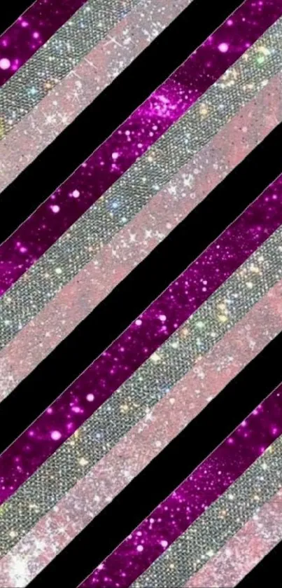 Glittery pink and silver striped wallpaper.