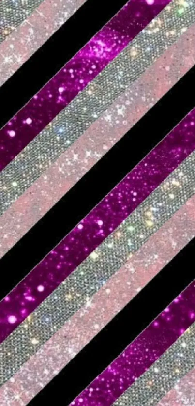 Phone wallpaper with glittery pink and silver diagonal stripes.