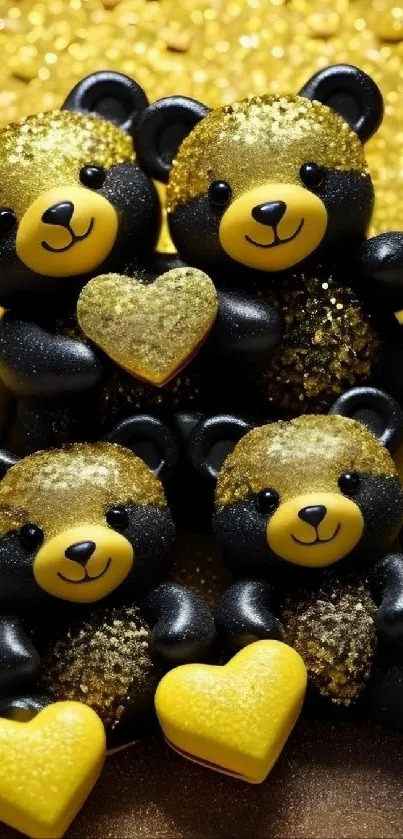 Teddy bears with golden hearts in glittery wallpaper design.