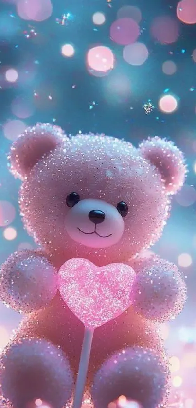 Glittery teddy bear with a sparkling heart on a dreamy backdrop.