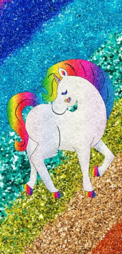 Glittery unicorn wallpaper with rainbow mane on sparkling background.