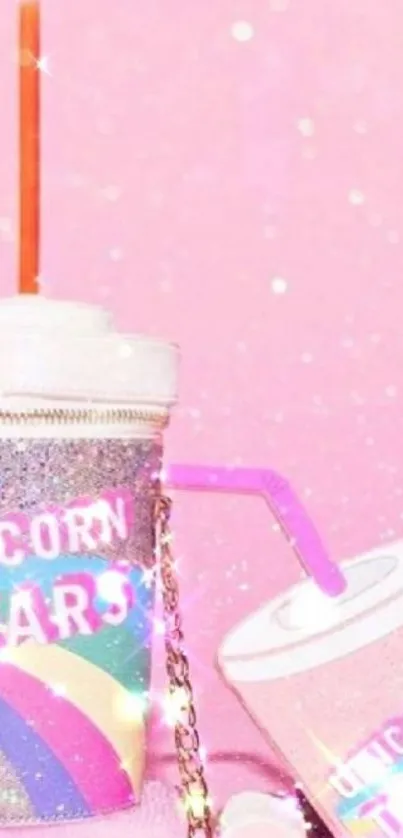 Glittery unicorn tears drinks against a pink backdrop.