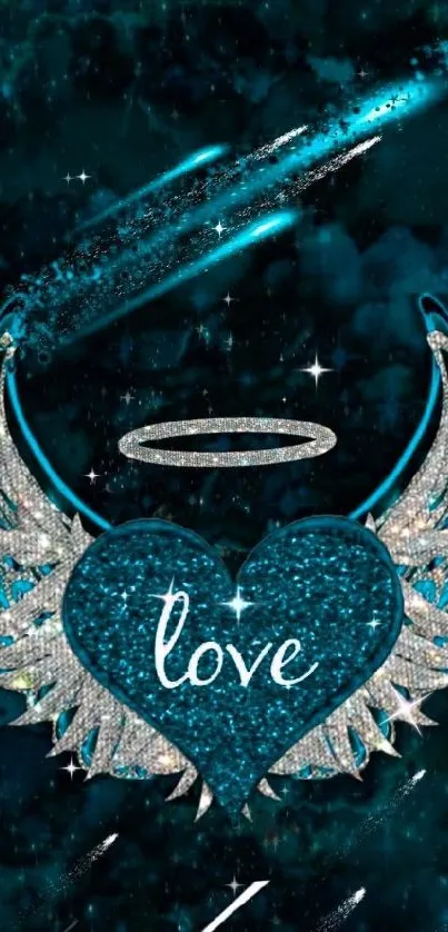 Teal heart with wings and a halo on a dark background.