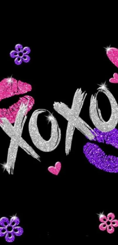 Glittery 'XOXO' wallpaper with colorful lips and hearts.