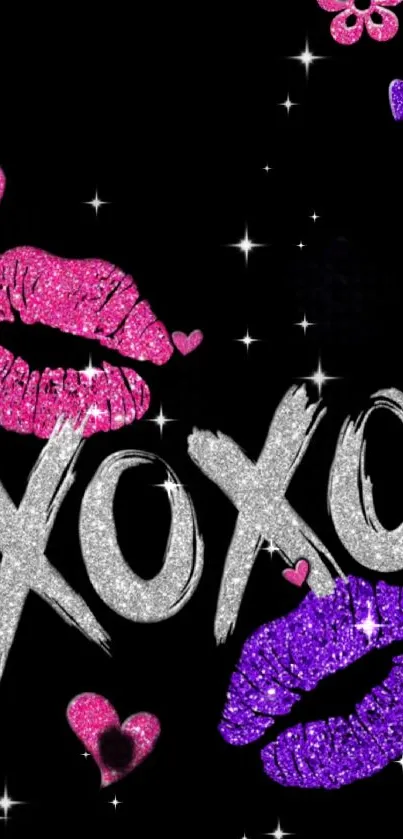 Glittery XOXO wallpaper with pink and purple lips on black background.