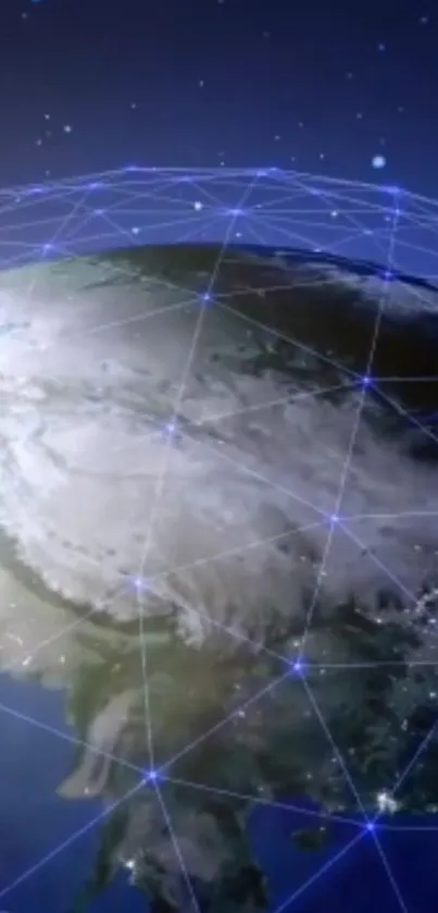 Digital Earth with a glowing network overlay and starry background.