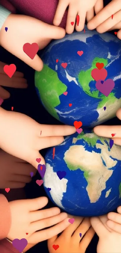 Diverse hands holding planet Earth, symbolizing global unity and peace.