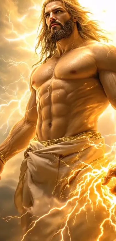 Majestic lightning god in golden light, powerful and divine.