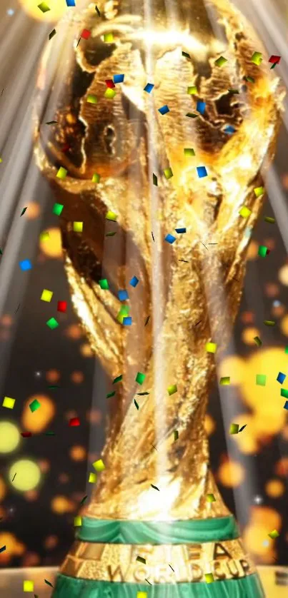 Glorious gold trophy with vibrant confetti on rays background.