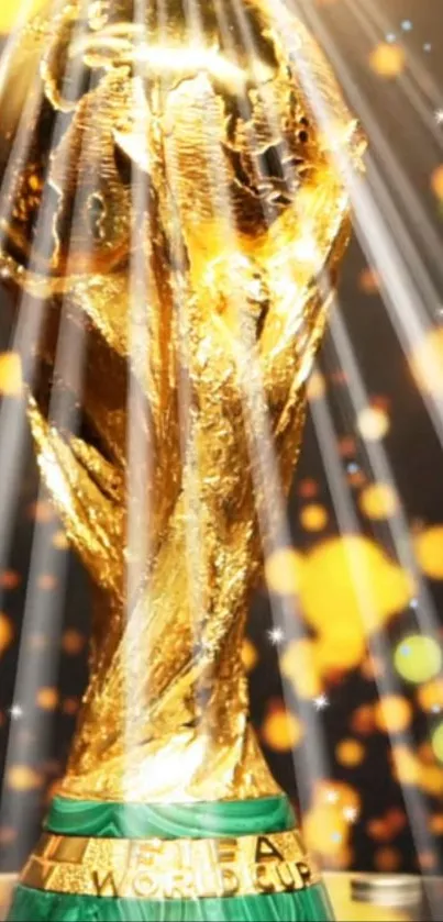 Golden World Cup trophy with dazzling light effects on display.