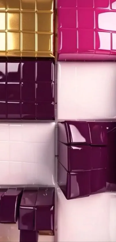 Glossy 3D geometric pattern with purple and gold blocks.