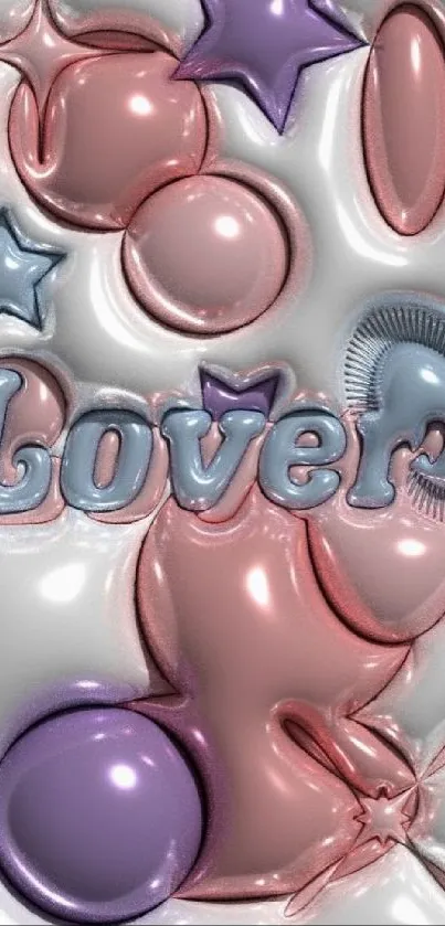 Glossy mobile wallpaper with 'Lover' text and shiny pastel shapes.