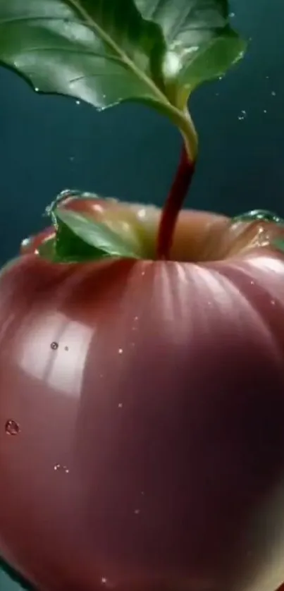 Glossy apple with water droplets and leaf.