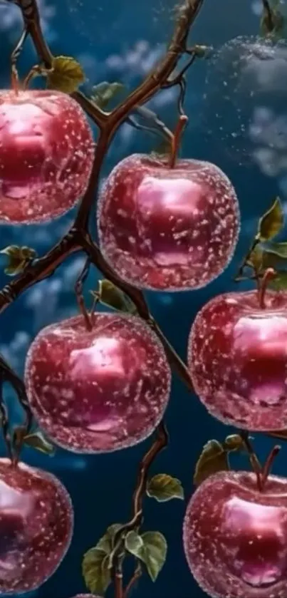 Glossy red apples on branch with blue background.