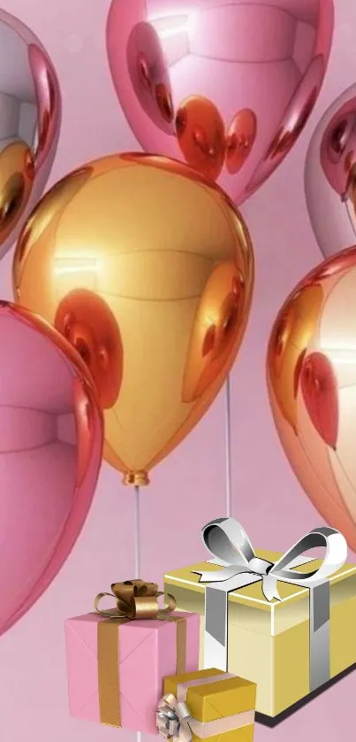 Glossy balloons with wrapped gifts in aesthetic wallpaper.