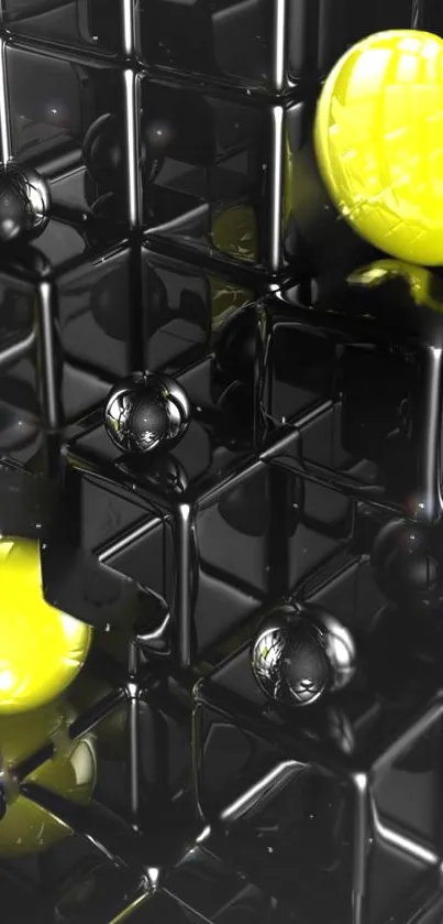 Glossy black and yellow geometric wallpaper with spheres.