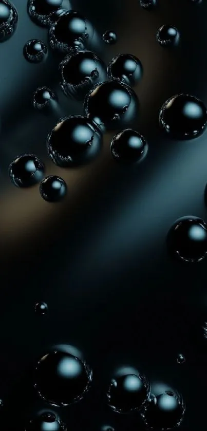 Glossy black wallpaper with reflective bubbles on a dark background.