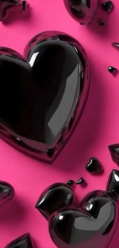 Glossy black hearts on a vibrant pink background.
