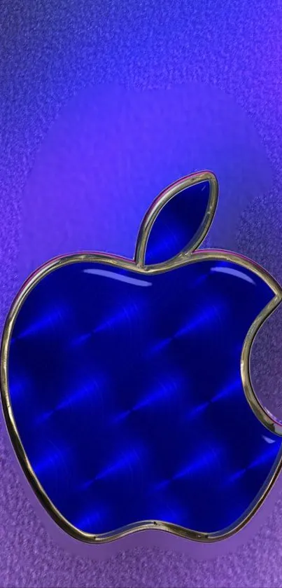 Glossy blue Apple logo on a vibrant purple background.