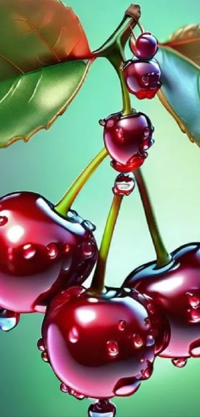 Vibrant cherries with water droplets on a green background.