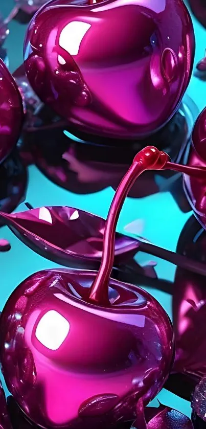 Glossy magenta cherries on abstract background.