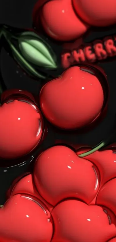 Glossy red cherries on a black background wallpaper.