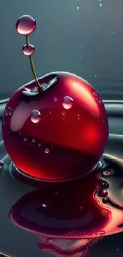 Glossy cherry floating on water surface, creating a vibrant art piece.