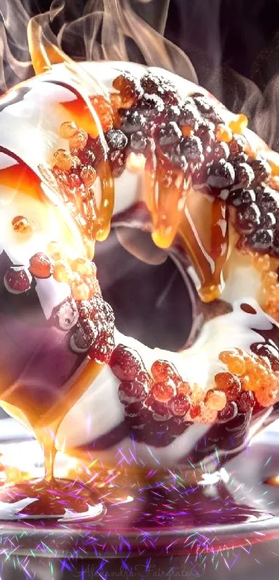 Glossy donut with berries and syrup on a stylish plate.
