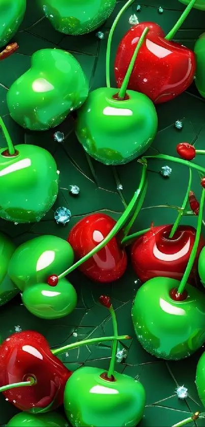 Glossy green and red cherries on display.