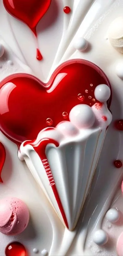 Glossy red heart with sweets on a creamy background.