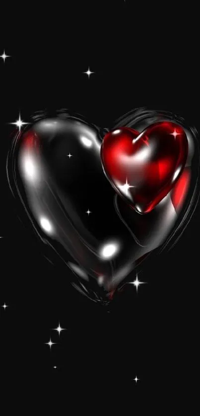 Glossy black heart with red accent on dark background.