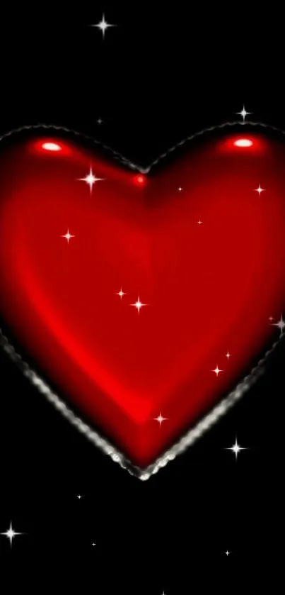 Glossy red heart with sparkling stars on a black background.