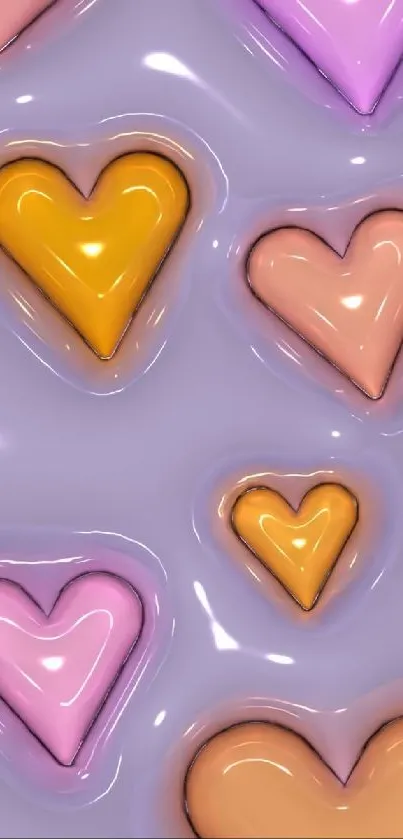 Glossy heart shapes on a purple background.